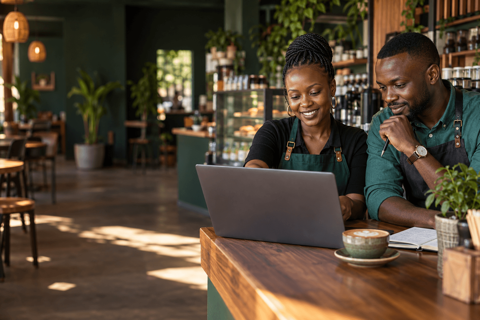Kenyan cafe owners reviewing business performance on a laptop