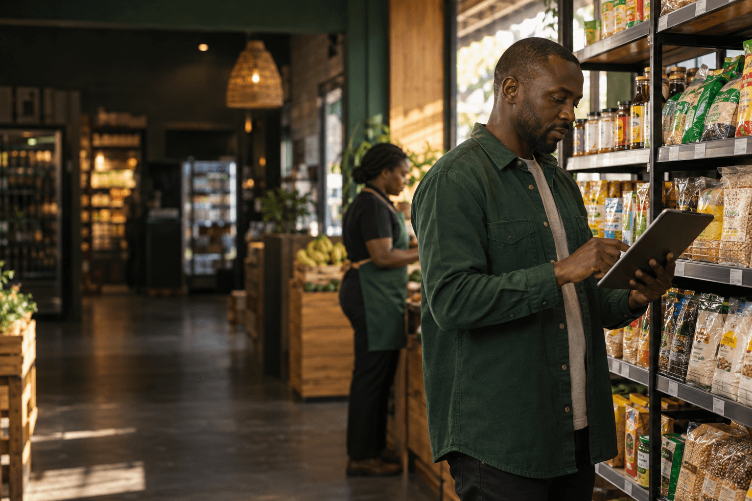 A Kenyan retailer checking inventory on a tablet beside stocked shelves